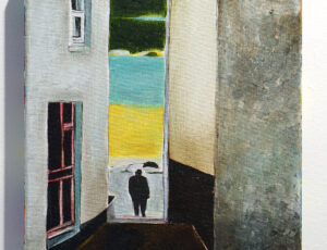 Noel Betowski 'Man on Steps' 2021, Acrylic on canvas, 30 x 24cm, £450