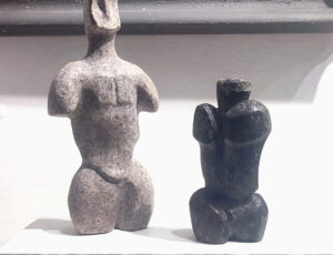 Aidan Hicks 'Small Figure 2022 No.1' Tourmaline granite, £350, & 'Small Figure 2022 No.2' Serpentine, £250