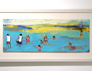 Elaine Turnbull 'Bathers at Porthlevan', oil on board, SOLD