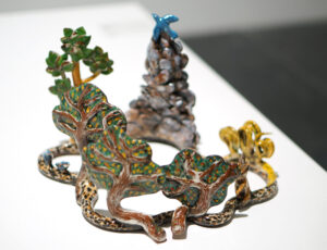 Katie Bunnell 'Squirrel and Birds Carousel, 2023', ceramic sculpture: handbuilt terracotta, slip, enamel, 28 x 18 x 23cm, £625