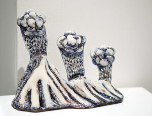 Katie Bunnell 'Mountain Clouds Rain, 2023', ceramic sculpture: handbuilt terracotta, slip, enamel, 27 x 23 x 8cm, £475