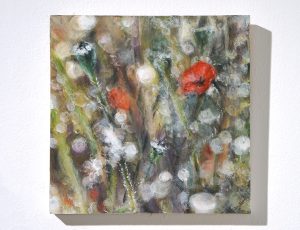 Julia Kerrison 'Soft Petals and Dust Motes', mixed media on wooden panel, 20 x 20cm, £140