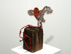 Katrina Slack 'Red Breast', found materials (wood, barbed wire, wire ghost fishing line & plastics), approx. 26 x 17cm, £350