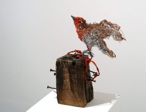 Katrina Slack 'Red Breast', found materials (wood, barbed wire, wire ghost fishing line & plastics), approx. 26 x 17cm, £350