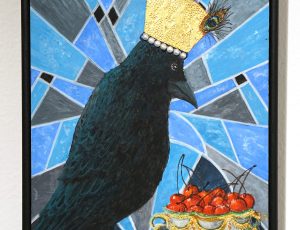 Janet Groves 'Edgar Nevermore Goes Art Deco', egg temera, pure gold leaf & opals, 19 x 14cm, SOLD