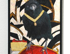 Janet Groves 'Edgar Nevermore Says ''Would You Like a Cherry?''', egg temera, pure gold leaf, pink opals & pearls, 19 x 14cm, SOLD 