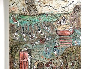 Delpha Hudson 'Babble Tower - the life raft of language', oil & bitumen paint on canvas, 100 x 80cm, £2,800