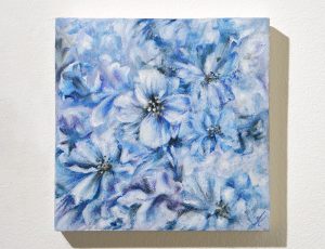 Julia Kerrison 'I Bury My Face in Delphiniums', mixed media on wooden panel, 20 x 20cm, £140