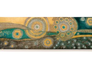 Stephanie Sandercock ‘Where Wishes are Cast’ - A thread is tied, the wish released and like a dandelion clock scattering seeds to the wind, rain, sun and time - we let go. Mixed media with 24ct Gold, 61 x 183cm, £8,900 Stephanie Sandercock ‘Where Wishes are Cast’ - A thread is tied, the wish released and like a dandelion clock scattering seeds to the wind, rain, sun and time - we let go. Mixed media with 24ct Gold, 61 x 183cm, £8,900