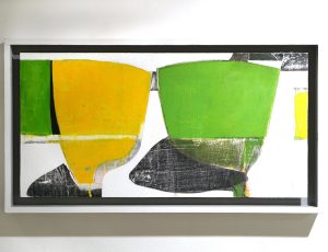 Bruce Timson ‘Landscape with Lemon Green Boats’, (2022), Acrylic and mixed media on Plywood, 35.5 x 65.5cm, £600