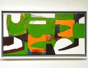 Bruce Timson ‘Walking Past the Bowling Green (2021), Acrylic and mixed media on Plywood, 35.50 x 66cm, £600