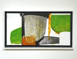 Bruce Timson ‘White Landscape with Black Boat’, (2022), Acrylic and mixed media on Plywood, 35.5 x 65.5cm, £600