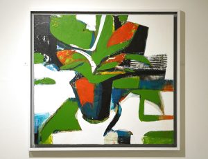 Bruce Timson ‘House Plants with Green Fish’, (2020-2021), Acrylic and mixed media on board 57 x 61cm, £1,000