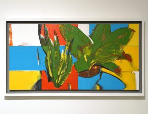Bruce Timson ‘House Plants with Custard Landscape’, (2021), Acrylic and mixed media on Plywood, 36 x 66cm, SOLD 
