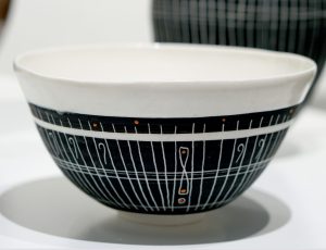 Sarah Cooling '64 Lines Sgraffito Splayed Vessel with Pops of Orange', porcelain, glazes and engobes, 9 x 14cm, £190