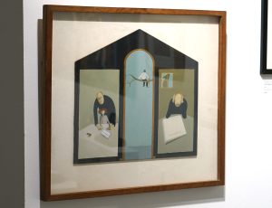 Andrew Lanyon 'Frank Perrycoste Fingerprinting Everyone in Polperro for Sir Francis Galton', (1976), Oil, 33.5 x 35cm, £1,200