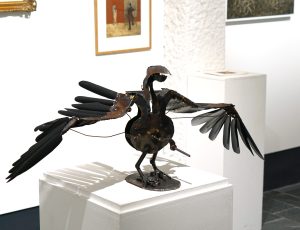 Michael Chaikin ‘Crow’, (see 'Three Soldiers', YouTube Andrew Lanyon films), (2025), Steel and cloth, 45 x 130 x 50cm, £3,950