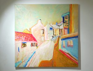 Kimmy Hussey ‘Back Road East’, Acrylic and oil pastel on canvas, 100 x 100cm, £2,600