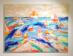 Kimmy Hussey ‘Rock the Boat’, Acrylic and oil pastel on canvas, 90 x 120cm, £2,700