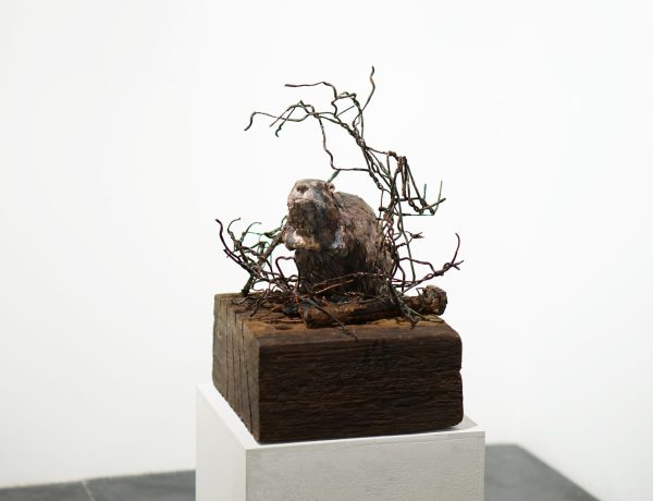 Katrina Slack ‘Return of the Ecosystem Engineer’, Ceramic on sleeper base with found rusting metal, 42 x 26 x 25cm, £750
